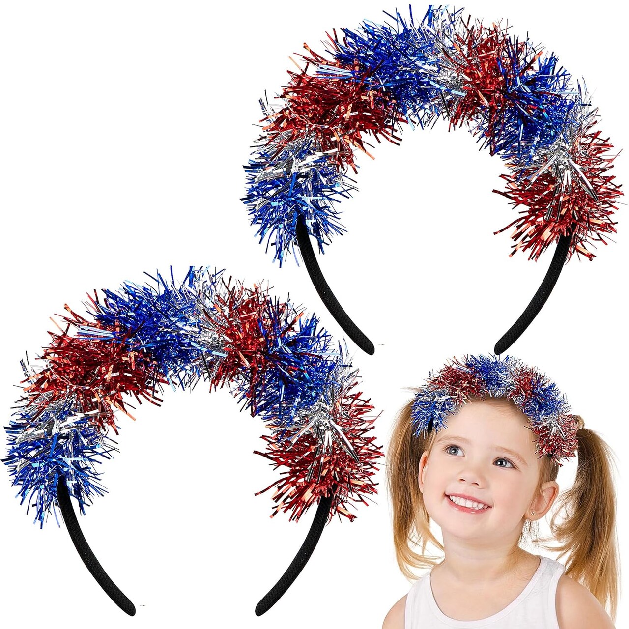 2 Pcs 4th of July Headband for Women, Adjustable Independence Day Pom Pom Hairband, Red White and Blue Patriotic Tinsel Headwear for Memorial Day Decoration Hair Accessories Party Favors